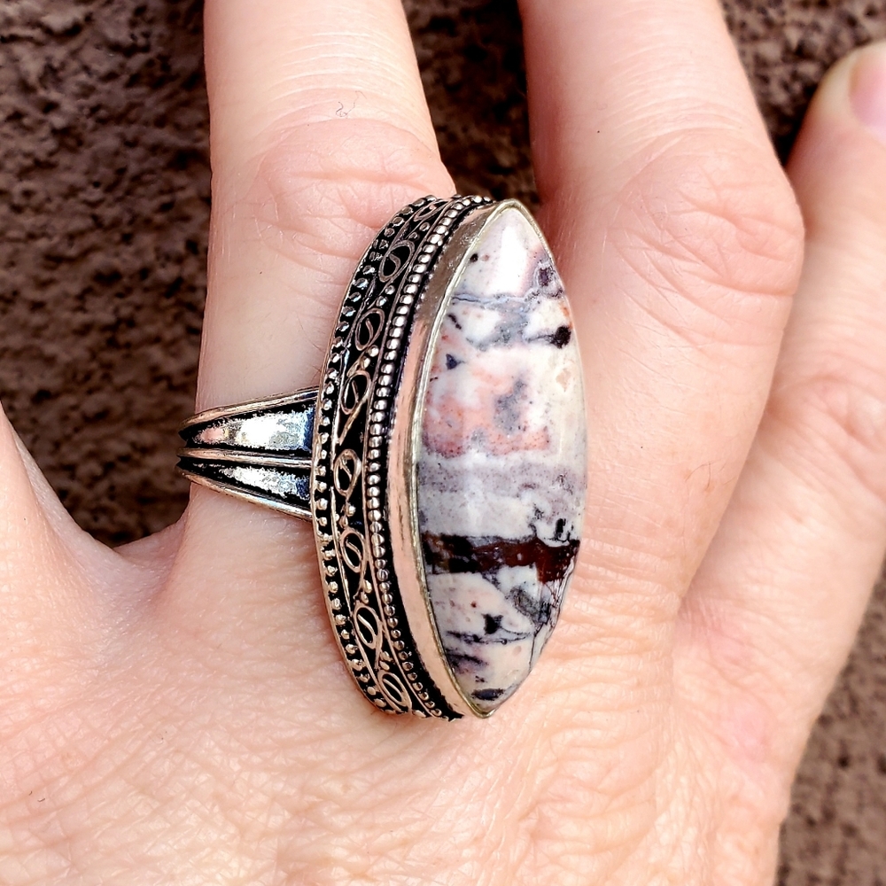 New Pink Brecciated Mookaite 925 Silver Ring.